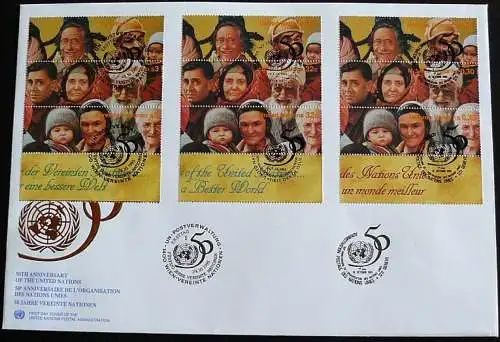 UNO NEW YORK - WIEN - GENF 1995 TRIO-FDC 4 Briefe 50 Jahre Vereinte Nationen