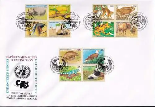 UNO NEW YORK - WIEN - GENF 1995 TRIO-FDC Gefährdete Arten