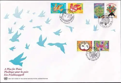 UNO NEW YORK - WIEN - GENF 1996 TRIO-FDC Ein Friedensappel