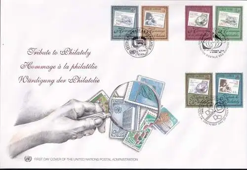UNO NEW YORK - WIEN - GENF 1997 TRIO-FDC Würdigung der Philatelie