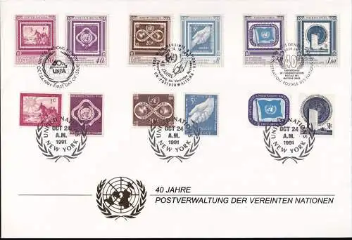UNO NEW YORK - WIEN - GENF 1991 TRIO-FDC 40 Jahre Postverwaltung der UNO