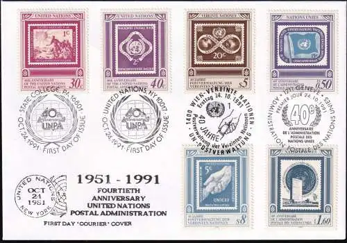 UNO NEW YORK - WIEN - GENF 1991 TRIO-FDC 40 Jahre UNO Postverwaltung