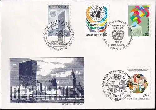 UNO NEW YORK - WIEN - GENF 1991 TRIO-FDC Dauerserie