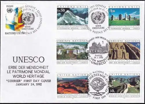 UNO NEW YORK - WIEN - GENF 1992 TRIO-FDC Erbe der Menschheit