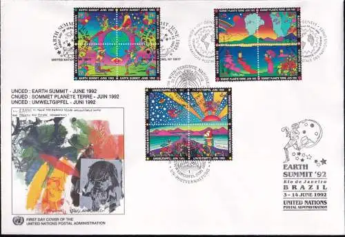 UNO NEW YORK - WIEN - GENF 1992 TRIO-FDC Umweltgipfel + Stempel Earth Summit