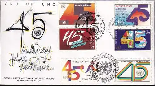 UNO NEW YORK - WIEN - GENF 1990 TRIO-FDC 45 Jahre Vereinte Nationen