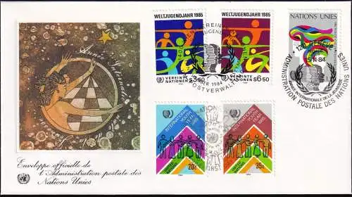 UNO NEW YORK - WIEN - GENF 1984 TRIO-FDC Weltjugendjahr