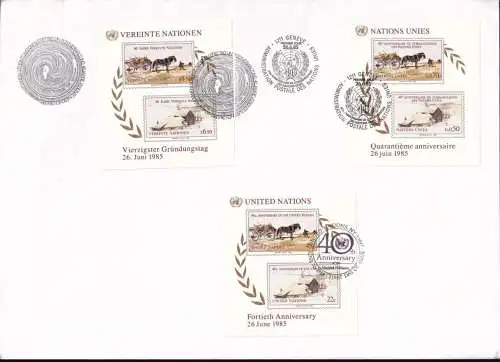 UNO NEW YORK - WIEN - GENF 1985 TRIO-FDC 40 Jahre Vereinte Nationen