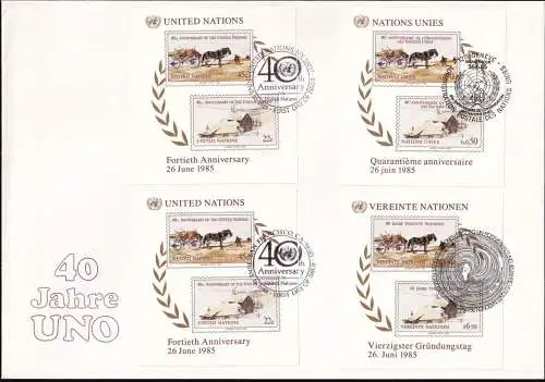 UNO NEW YORK - WIEN - GENF 1985 TRIO-FDC 40 Jahre Vereinte Nationen