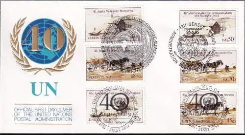 UNO NEW YORK - WIEN - GENF 1985 TRIO-FDC 40 Jahre Vereinte Nationen