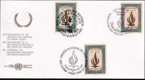 UNO NEW YORK - WIEN - GENF 1988 TRIO-FDC 40 J. Erklärung der Menschenrechte