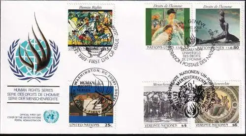UNO NEW YORK - WIEN - GENF 1989 TRIO-FDC Menschenrechte