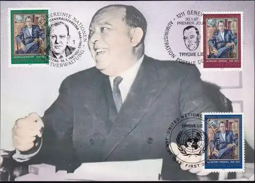 UNO NEW YORK - WIEN - GENF 1987 Trio-Maximumkarte MK/MC Trygve Lie