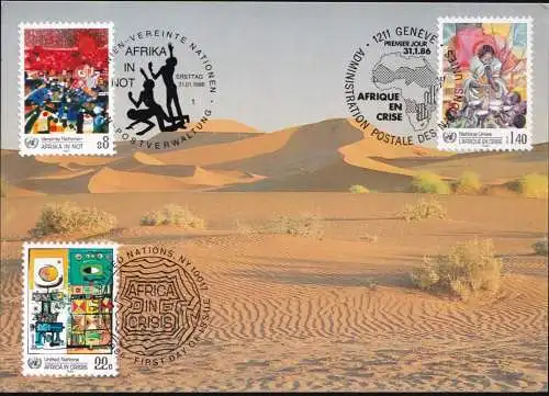 UNO NEW YORK - WIEN - GENF 1986 Trio-Maximumkarte MK/MC Afrika in Not