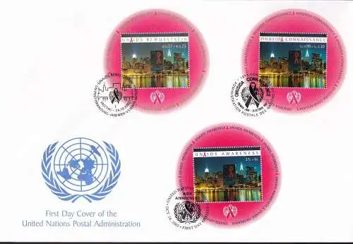 UNO NEW YORK - WIEN - GENF 2002 TRIO-FDC UNAIDS Bewusstsein