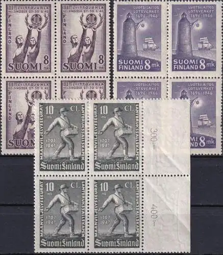 FINNLAND 1947 Mi-Nr. 325, 328, 347 ** MNH Viererblocks