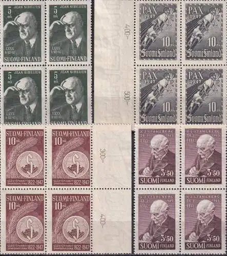 FINNLAND 1947 Mi-Nr. 295, 319, 338, 340 ** MNH Viererblocks