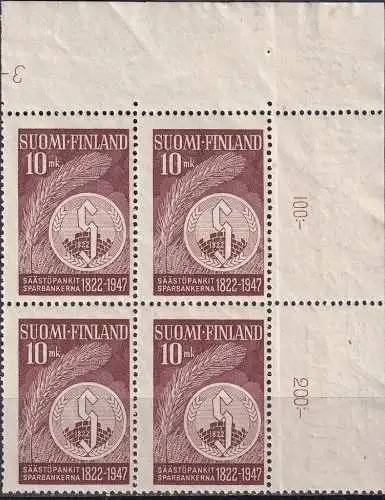 FINNLAND 1947 Mi-Nr. 340 ** MNH Eckrand-Viererblock