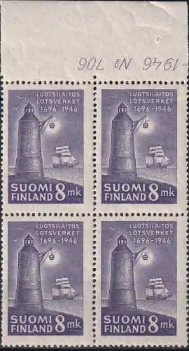 FINNLAND 1946 Mi-Nr. 328 ** MNH Viererblock Oberrand