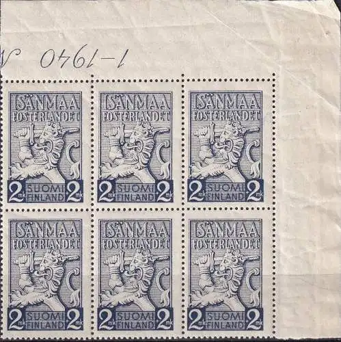 FINNLAND 1940 Mi-Nr. 226 ** MNH 6erBlock Eckrand