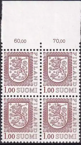 FINNLAND 1981 Mi-Nr. 876 IIy ** MNH Viererblock Oberrand