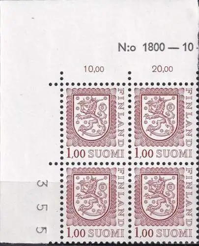 FINNLAND 1981 Mi-Nr. 876 IIy ** MNH Eckrand-Viererblock