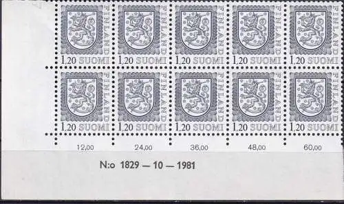 FINNLAND 1979 Mi-Nr. 835 I ** MNH Eckrand 10erBlock