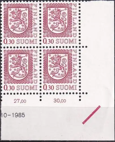 FINNLAND 1977 Mi-Nr. 807 II ** MNH Eckrand-Viererblock