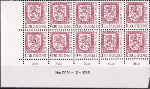 FINNLAND 1977 Mi-Nr. 807 II ** MNH Eckrand 10erBlock