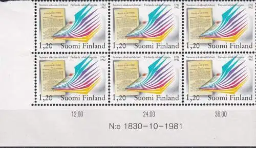 FINNLAND 1982 Mi-Nr. 892 ** MNH Eckrand 6erBlock