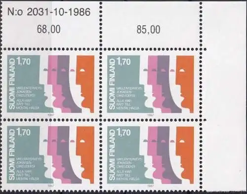 FINNLAND 1987 Mi-Nr. 1016 ** MNH Eckrand-Viererblock