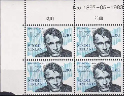 FINNLAND 1983 Mi-Nr. 937 ** MNH Eckrand-Viererblock