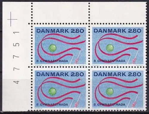 DÄNEMARK 1987 Mi-Nr. 897 ** MNH Eckrand-Viererblock Bogennummer