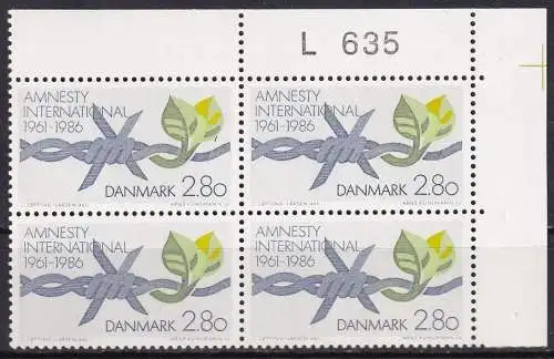 DÄNEMARK 1986 Mi-Nr. 856 ** MNH Eckrand Viererblock L635