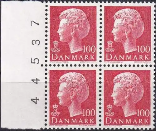 DÄNEMARK 1976 Mi-Nr. 624y ** MNH Viererblock mit Bogennummer