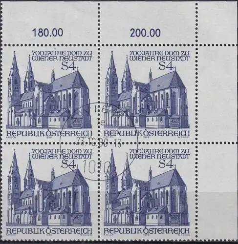 ÖSTERREICH 1979 Mi-Nr. 1605 Eckrand-Viererblock o used - aus Abo