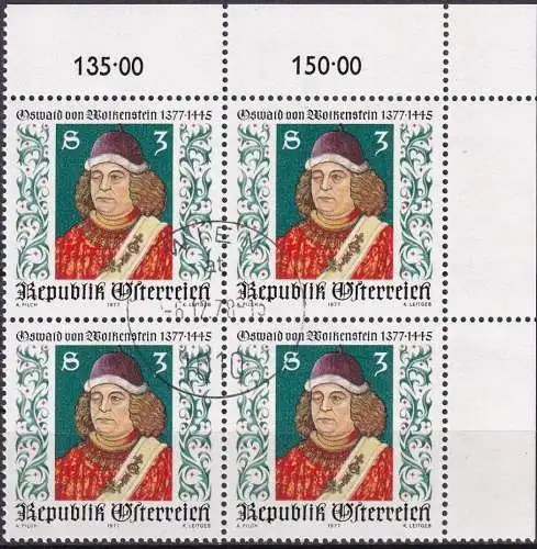 ÖSTERREICH 1977 Mi-Nr. 1541 Eckrand-Viererblock o used - aus Abo