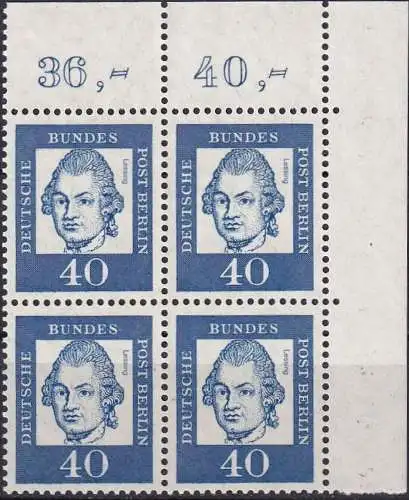 BERLIN 1961 Mi-Nr. 207 ** MNH Eckrand-Viererblock