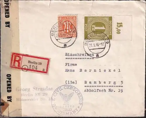 ALLIIERTE BESETZUNG 1946 Mi-Nr. 937  auf Einschreiben zensiert Berlin - Bamberg