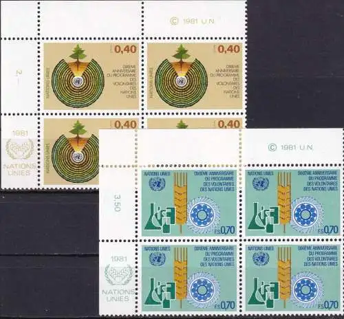 UNO GENF 1981 Mi-Nr. 101/02 Eckrand-Viererblocks ** MNH