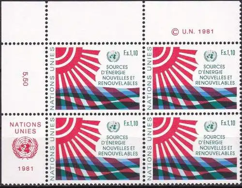 UNO GENF 1981 Mi-Nr. 100 Eckrand-Viererblocks ** MNH