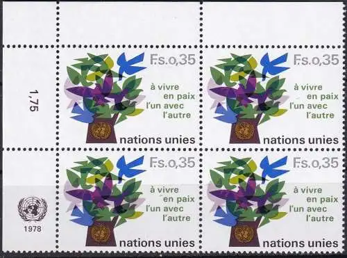 UNO GENF 1978 Mi-Nr. 72 Eckrand-Viererblock ** MNH