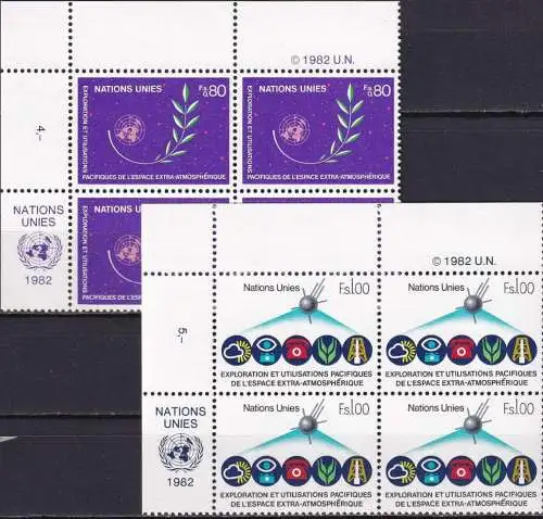 UNO GENF 1982 Mi-Nr. 107/08 Eckrand-Viererblocks ** MNH