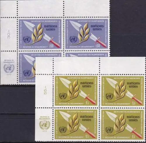 UNO GENF 1973 Mi-Nr. 30/31 Eckrand-Viererblocks ** MNH