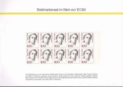 DEUTSCHLAND 1991 Mi-Nr. 1390 GH 1 Briefmarkenset Geschenkheftchen Makenheft/booklet ** MNH