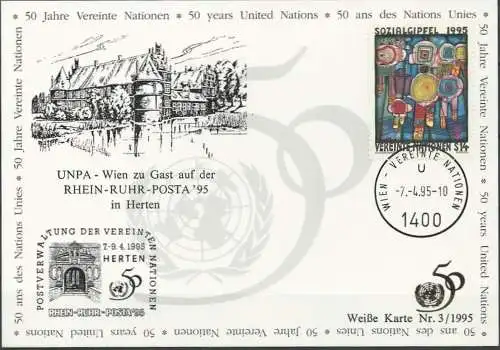 UNO WIEN 1995 Mi-Nr. 153 WEISSE KARTE - RHEIN-RUHR POSTA HERTEN 07.04.1995