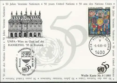 UNO WIEN 1995 Mi-Nr. 159 WEISSE KARTE - ROSTOCK 09.09.1995