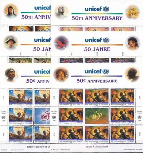 UNO NEW YORK - WIEN - GENF 1996 50 Jahre UNICEF 6 Kleinbogen ** MNH