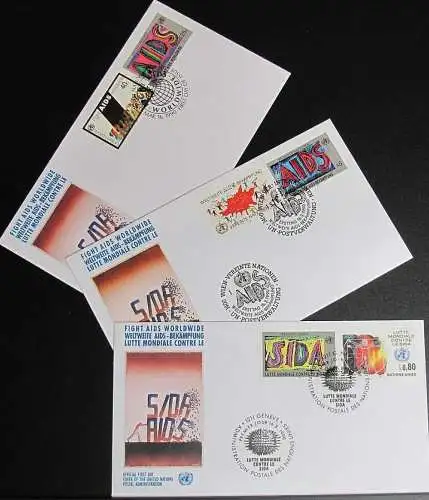 UNO NEW YORK - WIEN - GENF 1990 Aids Bekämpfung 3 FDC