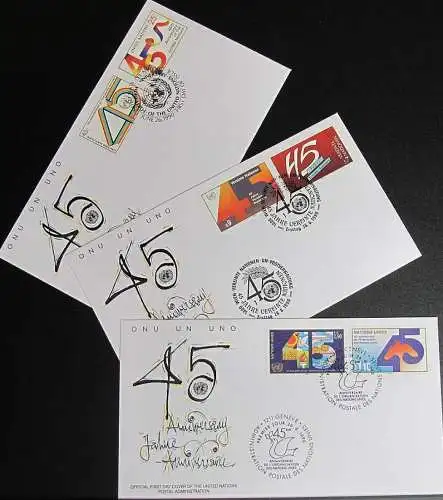 UNO NEW YORK - WIEN - GENF 1990 45 Jahre Vereinte Nationen 3 FDC